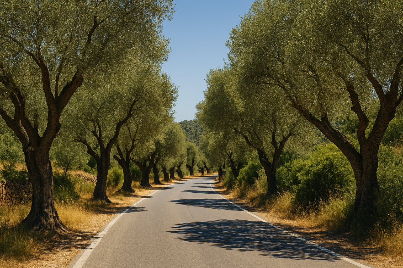 Tree-lined road in Greece